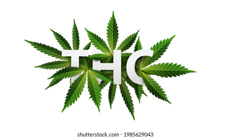 THC, logotipo, signo, símbolo. Título 3D decorado con hojas de cannabis aisladas de fondo blanco