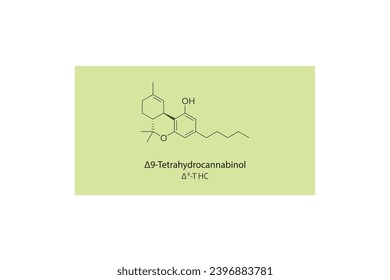 Δ9 -THC - Δ9-Tetrahydrocannabinol molecular skeletal structure. Cannabinoid chemical structure vector illustration on green background.