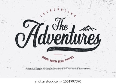 "The Adventures". Vintage Brush Font. Retro Typeface. Vector Illustration.