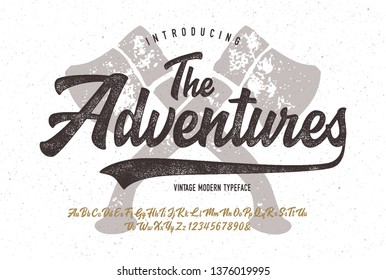  "The Adventures". Vintage Brush Script Modern Alphabet. Retro Typeface. Vector Illustration. 