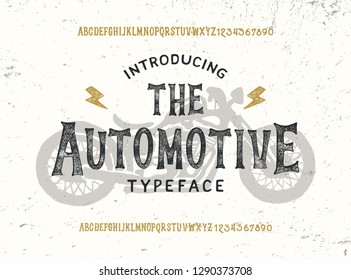  "The Automotive". Original handmade modern alphabet. Vintage font design and poster. Custom typeface. Clean Textured Versions Included. Vector.