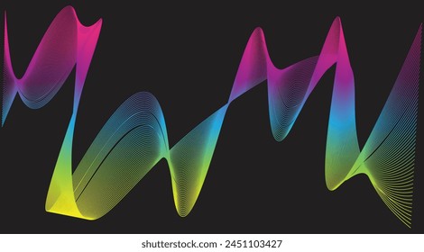 "The black background, adorned with overlapping layers of rainbow-colored lines, creates a mesmerizing effect."