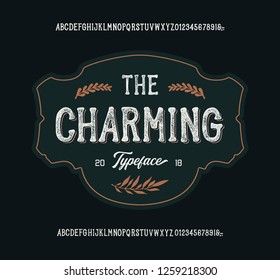  "THE CHARMING". Original handmade alphabet. Vintage font design and poster. Custom typeface. Clean Textured Versions Included. Vector.