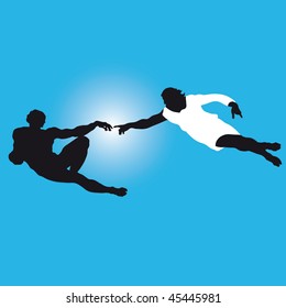 "the creation of Adam"  Silhouettes illustration of the famous fragment of Sistine Chapel fresco by Michelangelo. Vector.