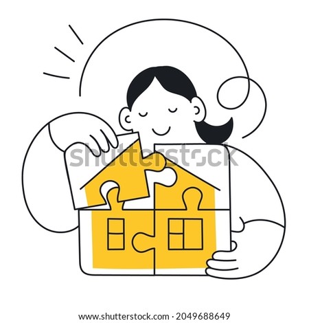 `The cute cartoon woman is gathering a puzzle with a home. Mortgage, dreaming about the house, real estate concept. Thin line vector illustration on white.