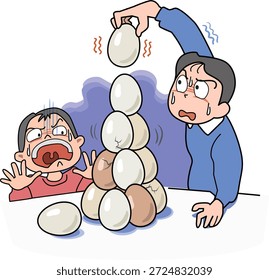 "The danger of piled eggs" is a proverb that means "as unstable and dangerous as a pile of eggs."