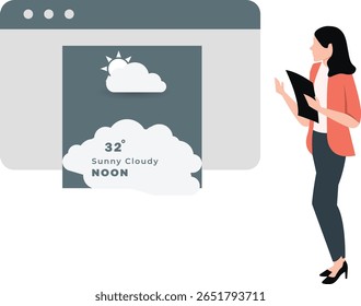"The girl confidently predicts the weather for noon, alternating between sunny and cloudy forecasts, her youthful enthusiasm adding charm to her 35-word meteorological prophecy."