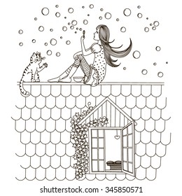 The, girl, with, a, cat, on, the, roof, blow, bubbles.