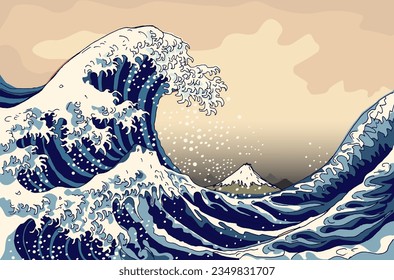 "The Great Wave off Kanagawa" and mount Fuji. Vector interpretation of a popular engraving artwork by the Japanese artist Katsushika Hokusai.