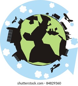 "The Green Cargo Planet" color vector illustration - Earth with factories, warehouses, trucks, container ships, vans, cars and an arrow showing the supply chain