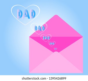 "The heart shape frame surrounds the word that "DAD" floats out of the envelope.Father's Day greeting card,Used for Father's Day.vector illustration."