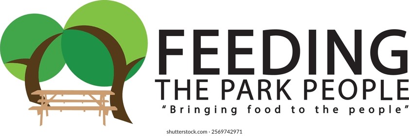 "The image shows a logo for Feeding the Park People. It features two green trees with brown trunks and a picnic table beneath them. The text 'FEEDING THE PARK PEOPLE' is to the right, with the tagline