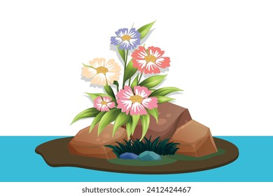 "The magic of the night is presented in an illustration of leafy green plants, decorated with pink, blue and yellow flowers, across natural rocks at the water's edge. A magical, colorful design."