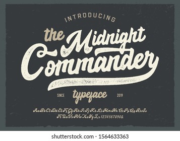 "The Midnight Commander". Vintage Brush Font. Retro Typeface. Vector Illustration.