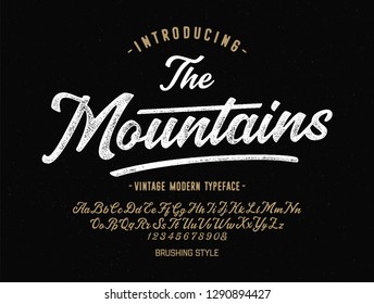"The Mountains". Vintage Brush Script Modern Alphabet. Retro Typeface. Vector Font Illustration. Vector