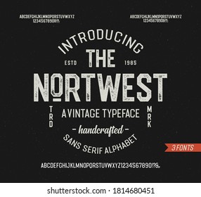 "The Nortwest". Sans Serif Octagonal Alphabet. Retro Typeface. Clean, Textured and Light Versions. Vector Illustration.