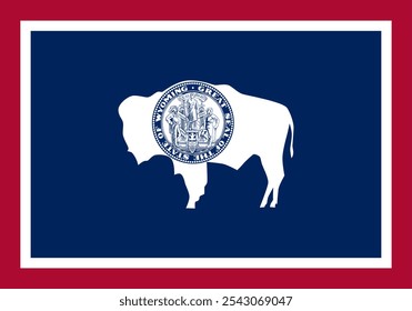 "La bandera oficial de Wyoming presenta una silueta de bisonte con el sello del estado, que simboliza la herencia y la unidad. Wyoming es conocida por su historia, cultura y las Montañas Rocosas