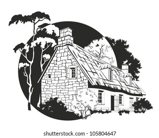 "The private house, trees, it is black the white drawing"