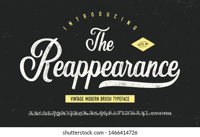 "The Reappearance".  Vintage Brush Script Modern Font. Retro Typeface. Vector Illustration.