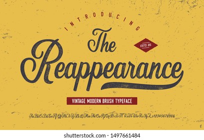 "The Reappearance". Vintage Brush Script Modern Font. Retro Typeface. Vector Illustration.