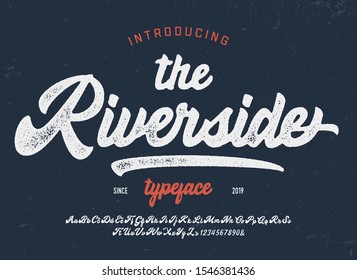 "The Riverside". Vintage Brush Font. Retro Typeface. Vector Illustration.