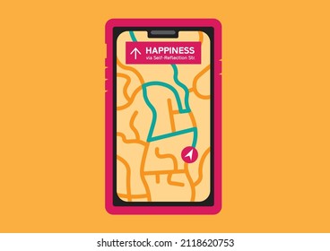 "The Road to Happiness": a vector illustration on the importance of self-reflection to achieve happiness and take care of mental health