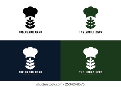 'The Urban Herb' Vegan Food Truck Logo – Green Chef's Hat and Plant Illustration with Multiple Leaves and Bold White Text on a Light Beige Background
