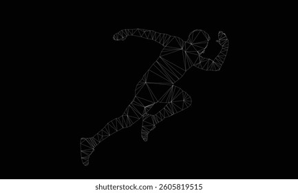 "The vector art depicts a running man formed from abstract polygonal shapes, capturing the intensity and passion of a marathon sport event."

