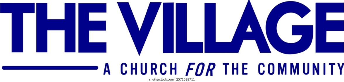 "THE VILLAGE" in large, bold, blue letters. Below this, there is a tagline in smaller blue letters that reads "A CHURCH FOR THE COMMUNITY." The design is simple and clean, focusing on the text .