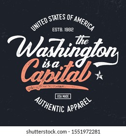 "The Washington". Vintage Textured Design for T Shirt. Print, Logo, Poster. Vector Illustration.