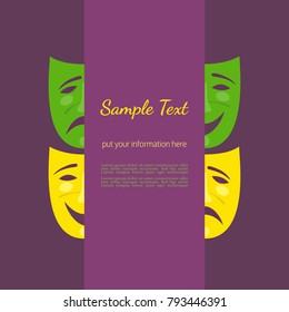 Theater abstract masks poster. Flyer template. Freehand drawn simple flat cartoon. Decorative festival event banner background. Carnival comic mask icon. Venice Masquerade symbol. Vector illustration