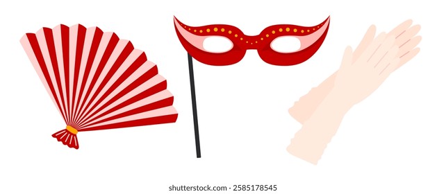 Theater accessories icon. Classic Carnival or ball mask, gloves, hand fan sign. Lady Opera attribute. Aristocratic symbol. Theatre Day stickers. Flat Vector illustration isolated on white background