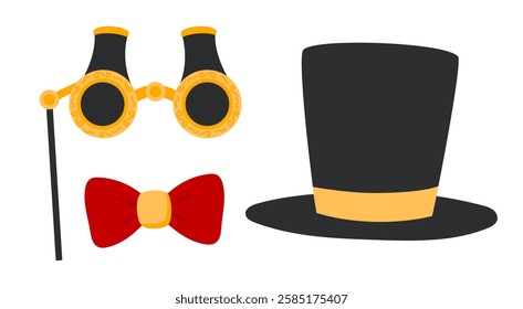 Theater accessories icon. Classic theater glasses, top hat, bow sign. Gentleman Opera attribute. Aristocratic symbol. Theatre Day stickers. Flat Vector illustration. Flat Vector illustration 