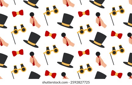 Theater accessories seamless pattern. Classic theater glasses, top hat, bow sign. Gentleman Opera attribute. Aristocratic symbol. Theatre Day background. Flat Vector illustration