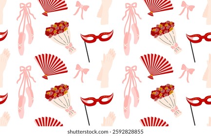 Theater accessories seamless pattern. Classic Carnival or ball mask, gloves, hand fan sign. Lady Opera attribute. Aristocratic symbol. Theatre Day background. Flat Vector illustration 