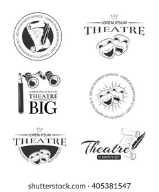 Theater acting entertainment performance vector retro labels, emblems, badges and logo. Emblem logo for theatre, comedy theatre logo, scenario paper theatre performance theatre logotype illustration