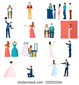 Theater Acting Flat Icons Collection With Final Love Scene Performance And Audience Applause Abstract Isolated Vector Illustration