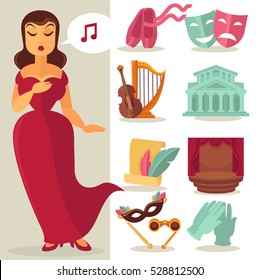 Theater acting performance icons set with singing actress. Vector Illustration.
