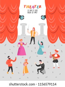 Theater Actor Characters Set. Flat People Theatrical Stage Poster. Artistic Perfomances Man and Woman. Vector illustration