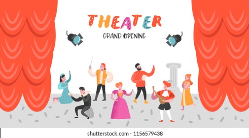 Theater Actor Characters Set. Flat People Theatrical Stage Poster. Artistic Perfomances Man and Woman. Vector illustration