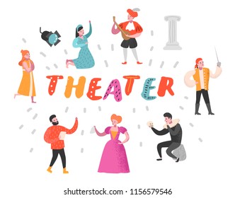 Theater Actor Characters Set. Flat People Theatrical Perfomances. Artistic Man And Woman On Stage. Vector Illustration