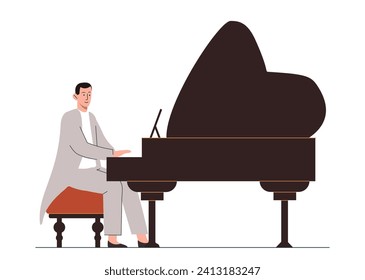 El concepto de actor de teatro. Hombre sentado con piano. Músico con instrumentos musicales actuando en escena. El descanso cultural y el ocio. Dibujo vectorial plano de dibujos animados aislado en fondo blanco