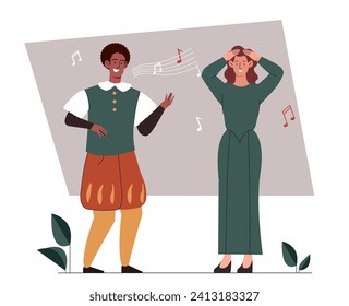 Theater actor concept. Man and woman in ancient clothes. Troubadour sings serenade at scene. Cultural rest and leisure. Cartoon flat vector illustration isolated on white background