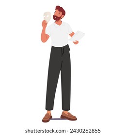 Theater Actor Male Character Convey Emotions, And Engage Audiences Through Live Performances on Stage. Man with Mask and Script in Hands Breathe Life Into his Role. Cartoon People Vector Illustration