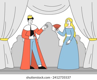 Theater actor performing linear. Man and woman at scene. Cultural leisure and rest. King talk with queen. Theatrical performance. Doodle flat vector illustration isolated on white background