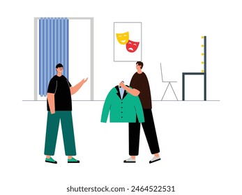Theater actor preparing in the make-up room for his performance, vector illustration.