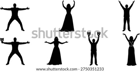 Theater actor silhouettes performing dramatic gestures with masks, stage performance poses set, men and women acting vector illustration for drama, theater, performing arts design
