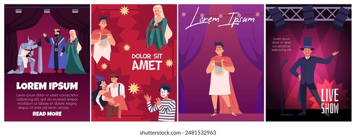 Theater actors. Set of four flat vector posters with stage performers, dynamic theater stages and musical artists. Ideal for invitations to performances.