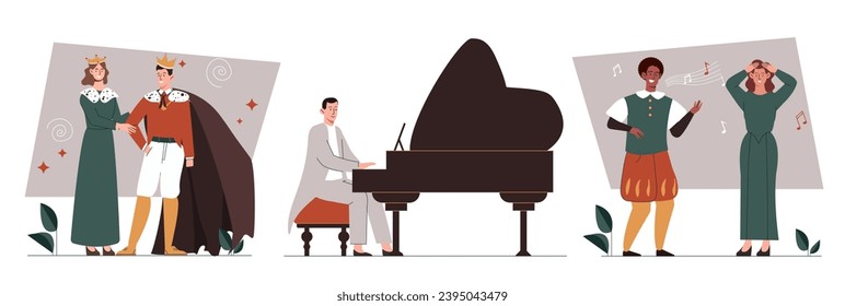 Theater actors set. Men and women playing scenes and roles, perform at stage. Creativity and art. Cultural rest and leisure. Cartoon flat vector collection isolated on white background