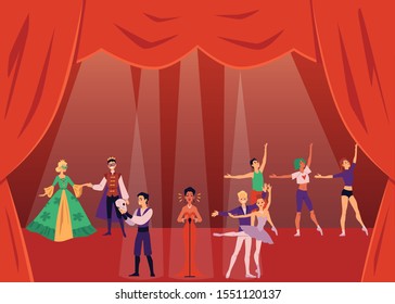 Theater actors or show artists on classic stage with red curtains flat vector illustration. People cartoon characters dancing, singing and performing in scene costumes.